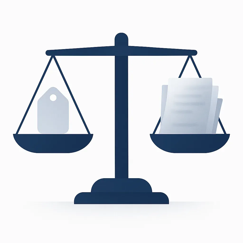 Illustration d’une balance comparant un prix transparent à une pile de documents flous, symbole de la comparaison des prix cachés des prestataires de protection de marque