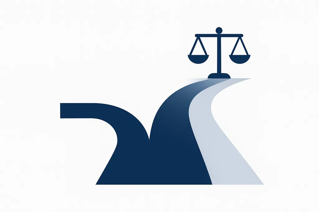 Illustration d’un chemin qui se divise en deux voies, l’une rapide et directe, l’autre passant par une balance de justice, symbole du choix entre takedown et procédure UDRP